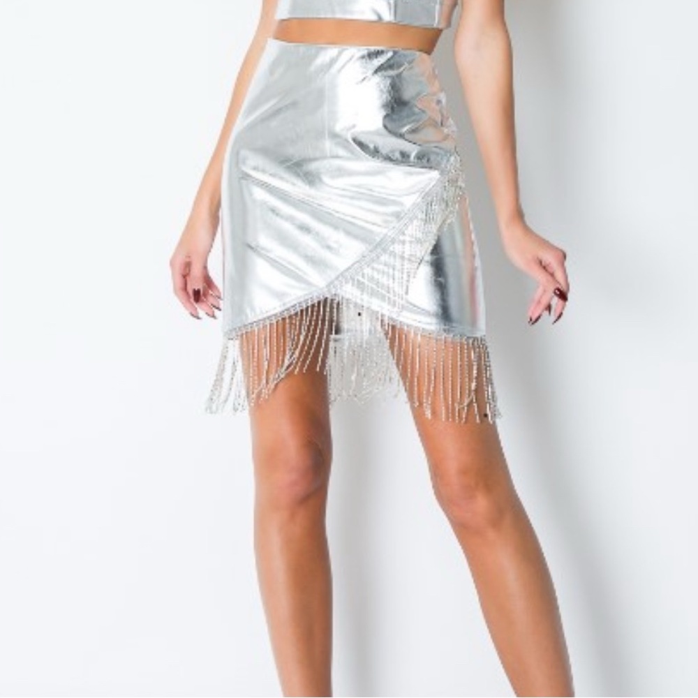 Glam Metallic Silver Mini Skirt with Fringe